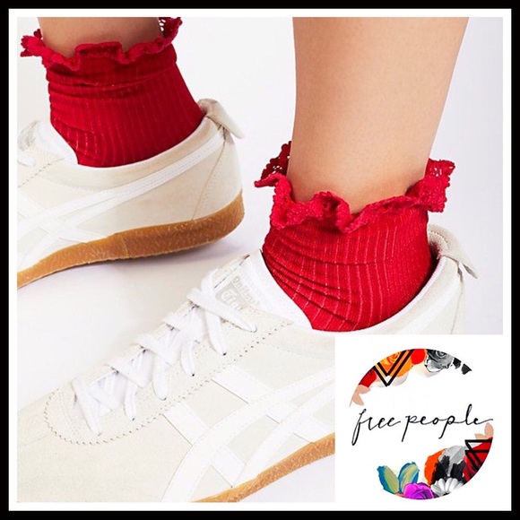 FREE PEOPLE RED CROCHET LACE TRIM ANKLE BOOT SOCKS - Picture 4 of 7